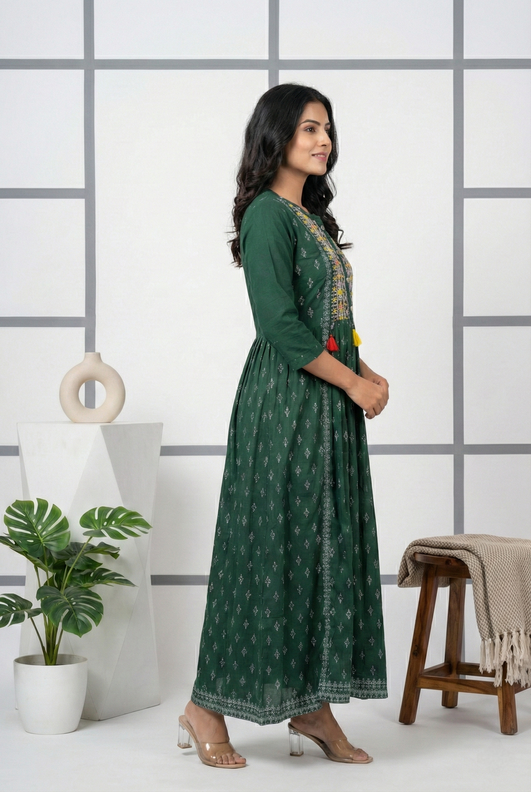Neerus Green rayon printed maxi dress - back view
