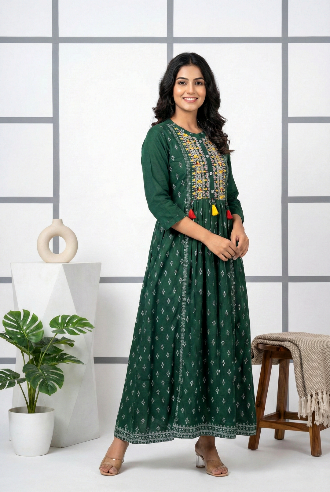 Neerus Green rayon printed maxi dress - front view
