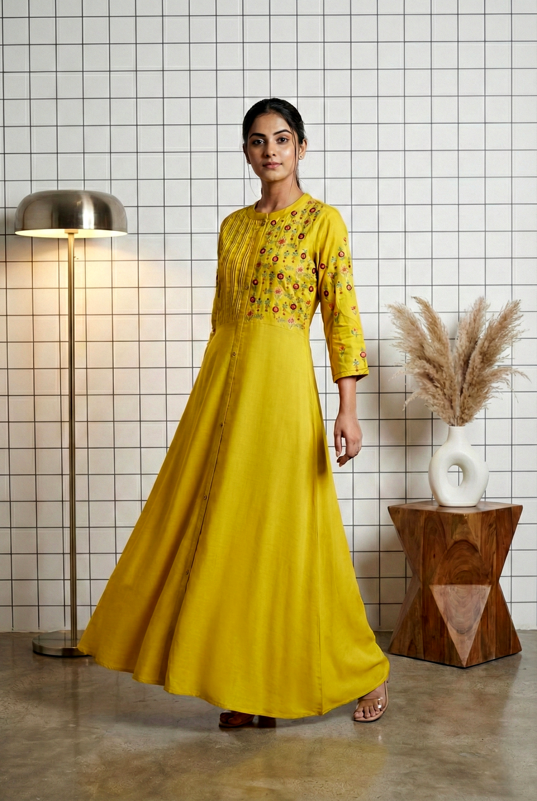 Neerus Yellow rayon thread embroidered dress - front view