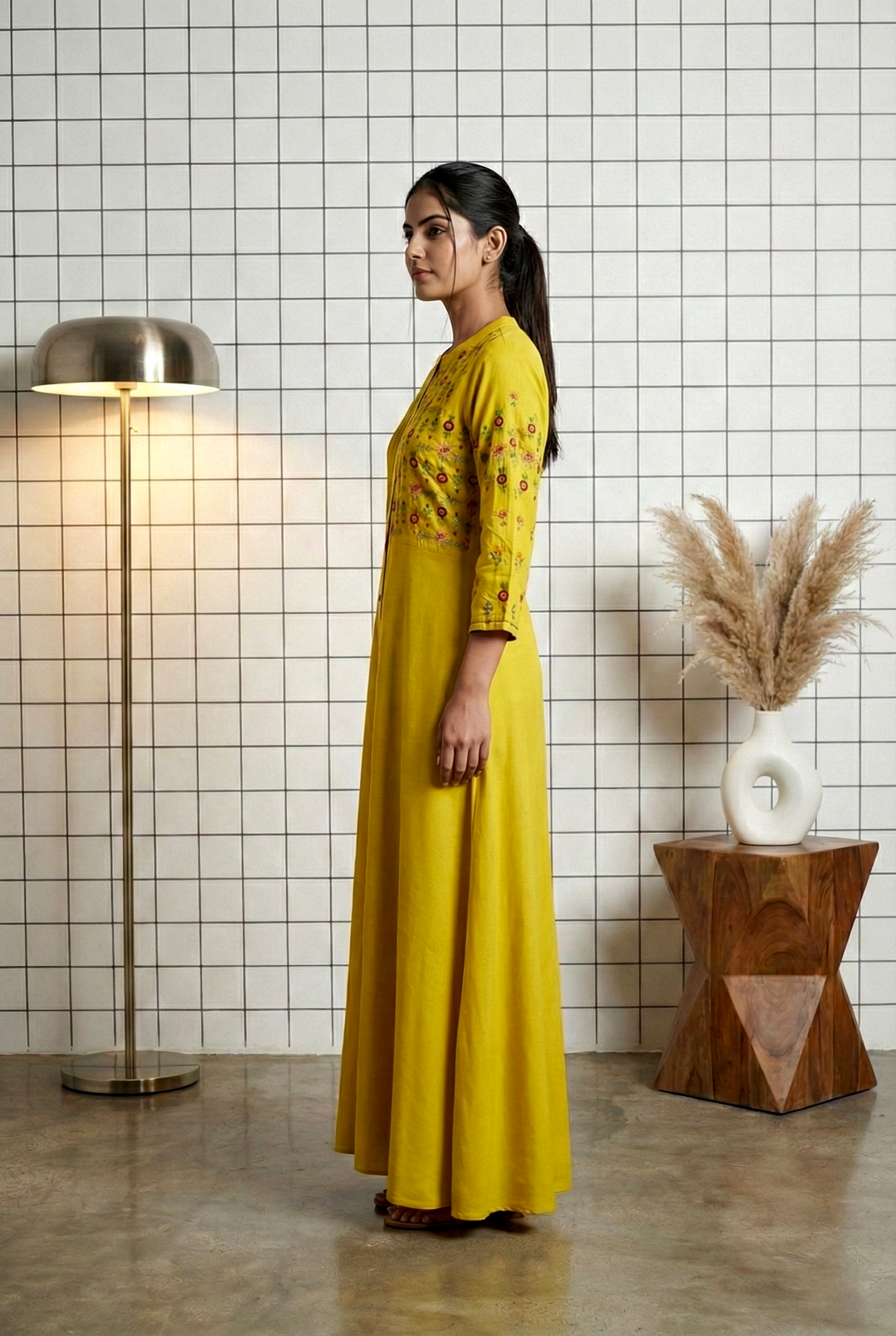Neerus Yellow rayon thread embroidered dress - back view