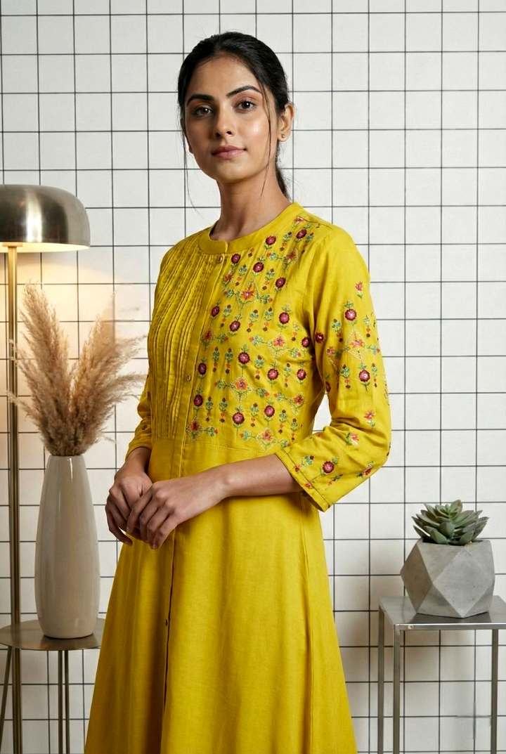 Neerus Yellow rayon thread embroidered dress - side view