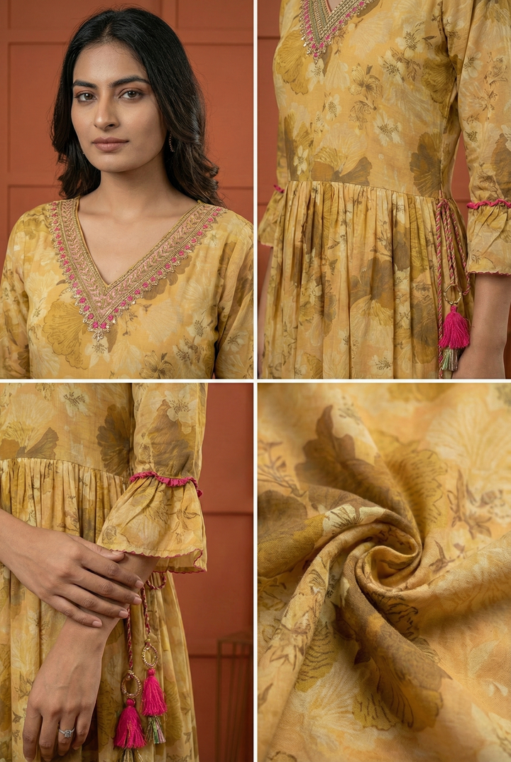 Neerus Beige georgette hand embroidered maxi dress - back view