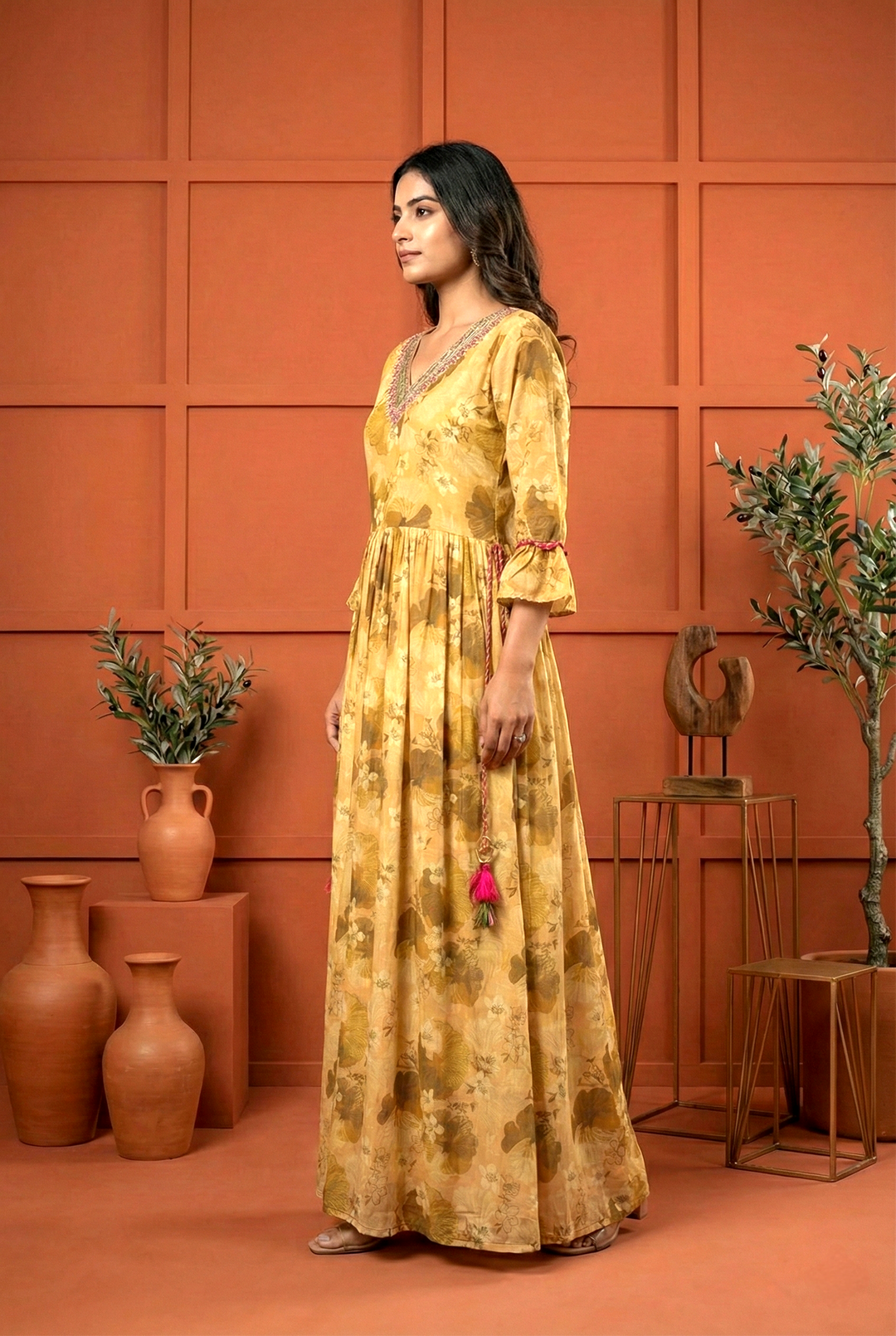 Neerus Beige georgette hand embroidered maxi dress - side view