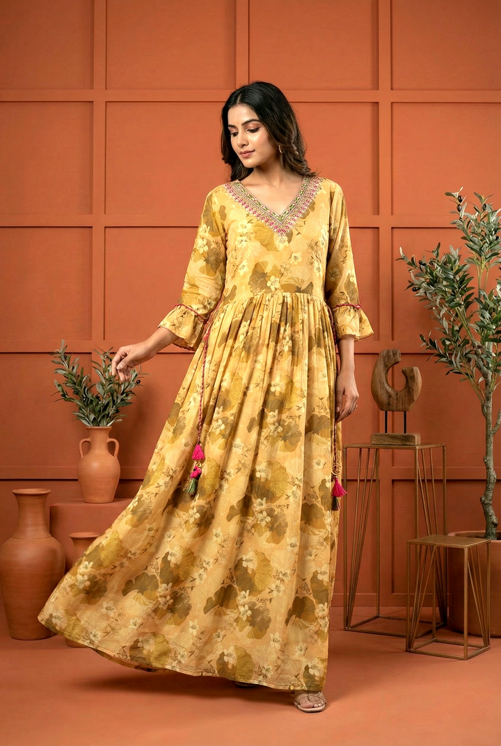 Neerus Beige georgette hand embroidered maxi dress - front view