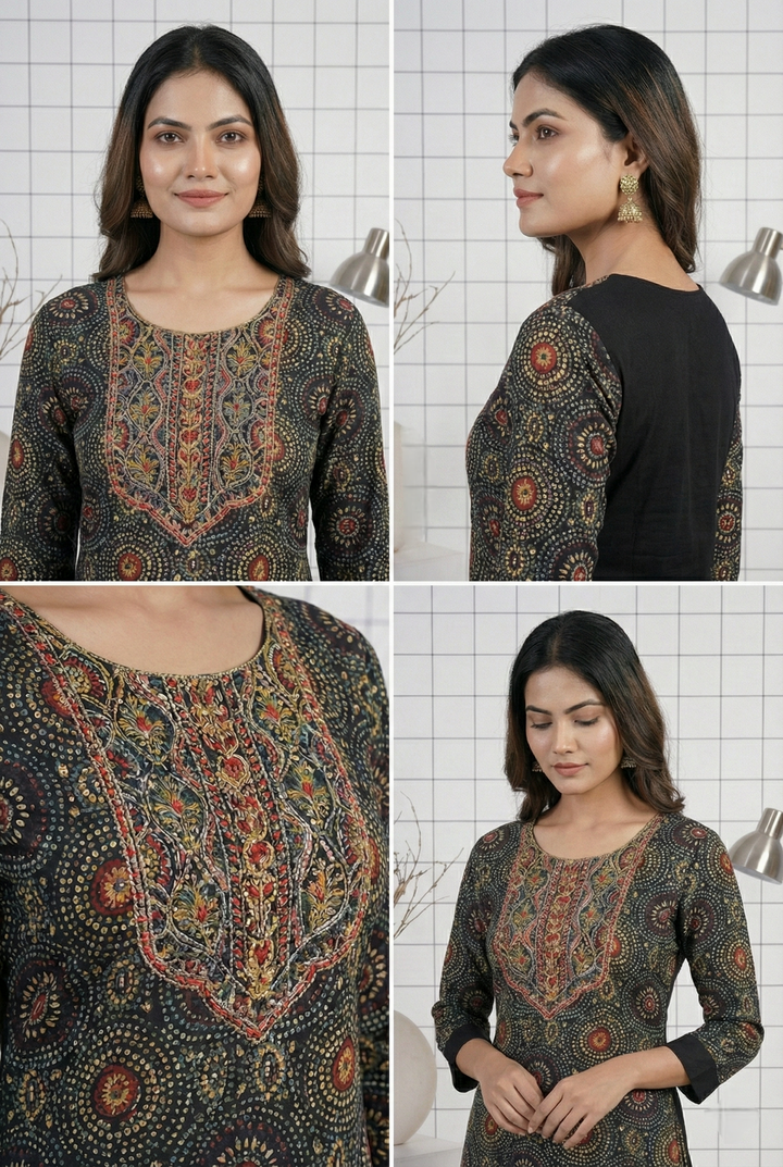 Neerus Black Rayon Hand Embroidered Dress - side view