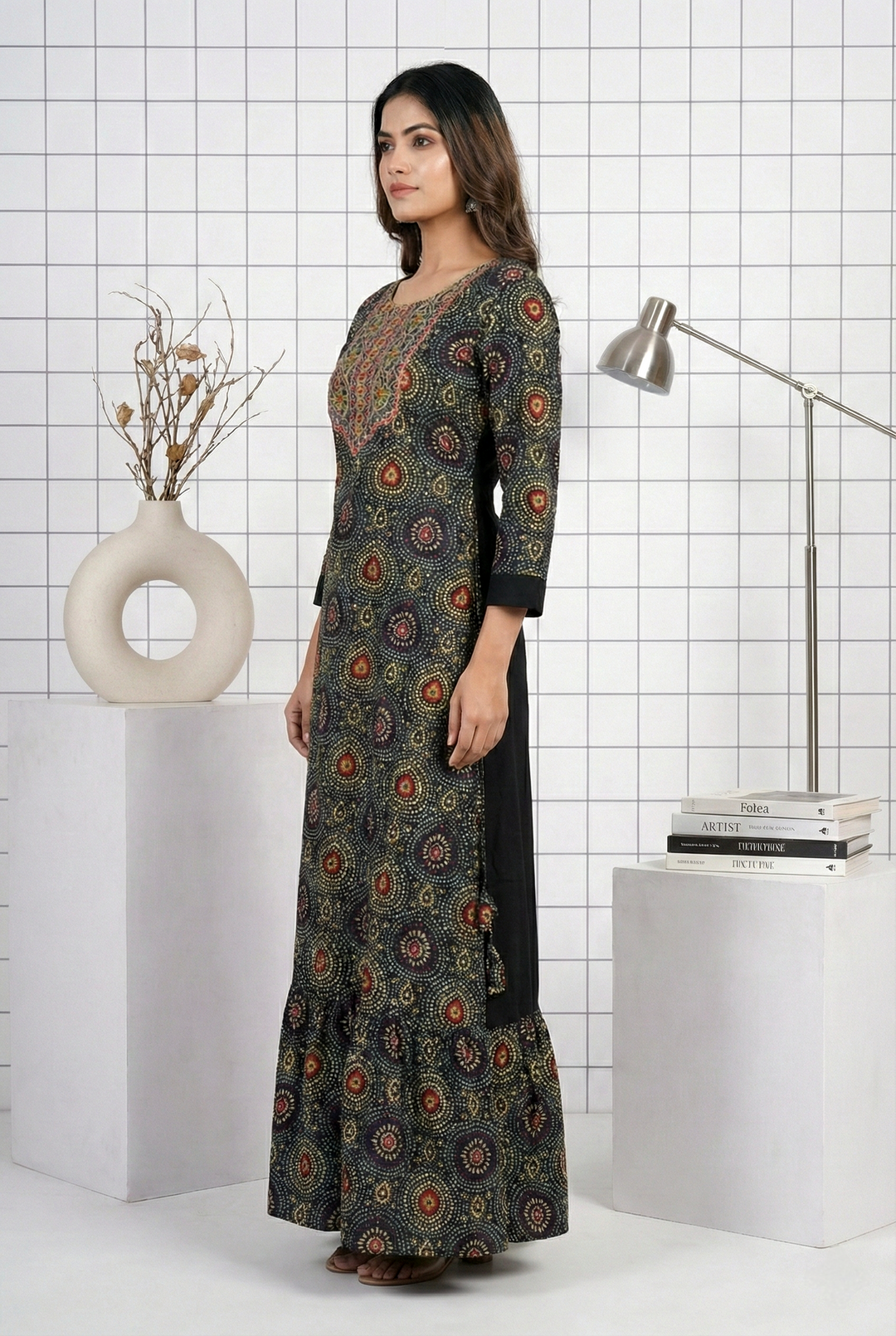 Neerus Black Rayon Hand Embroidered Dress - back view