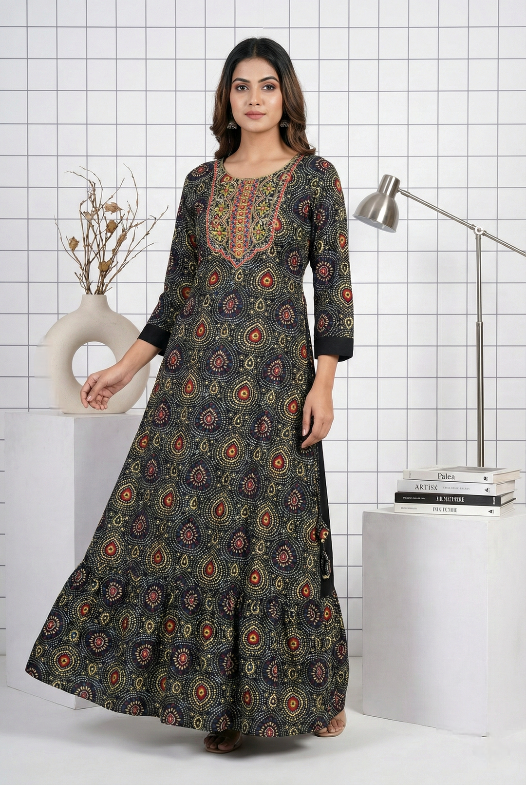 Neerus Black Rayon Hand Embroidered Dress - front view