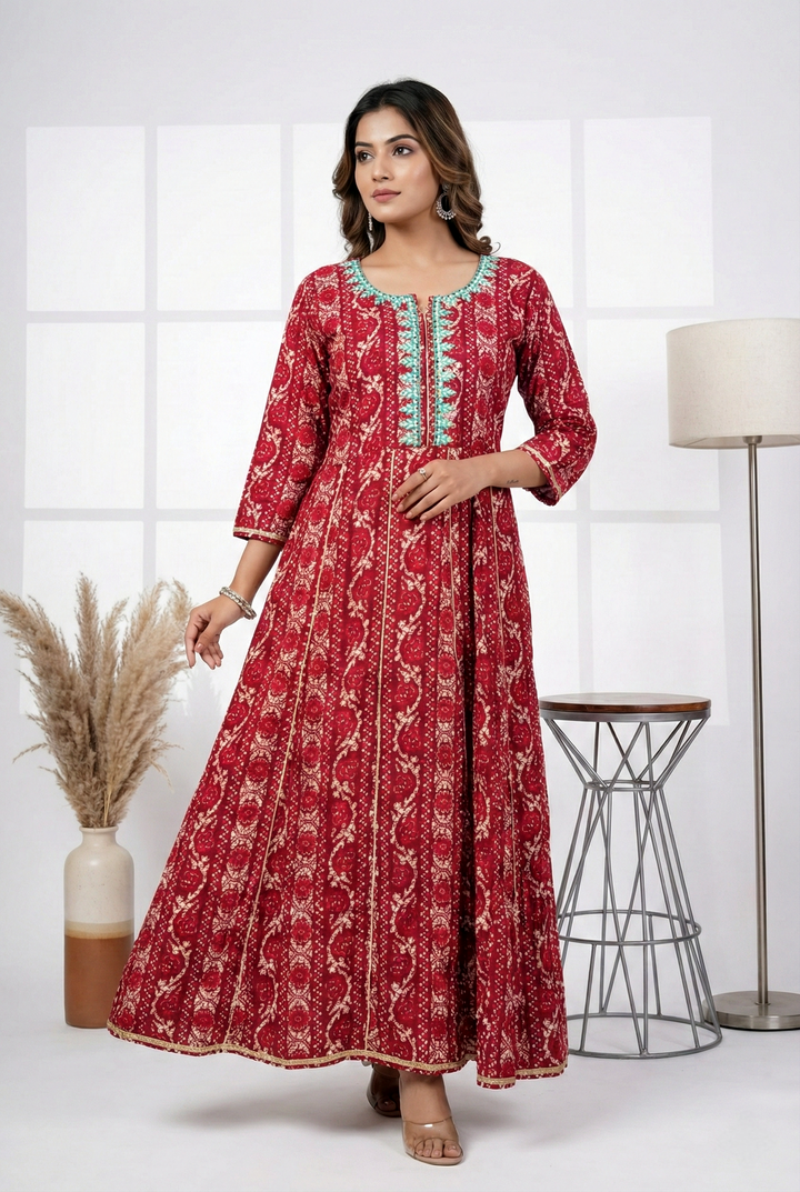 Neerus Pink rayon printed maxi dress - front view