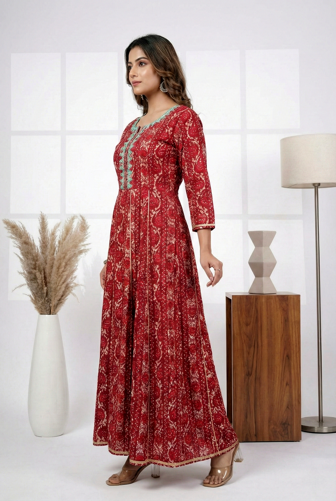 Neerus Pink rayon printed maxi dress - back view