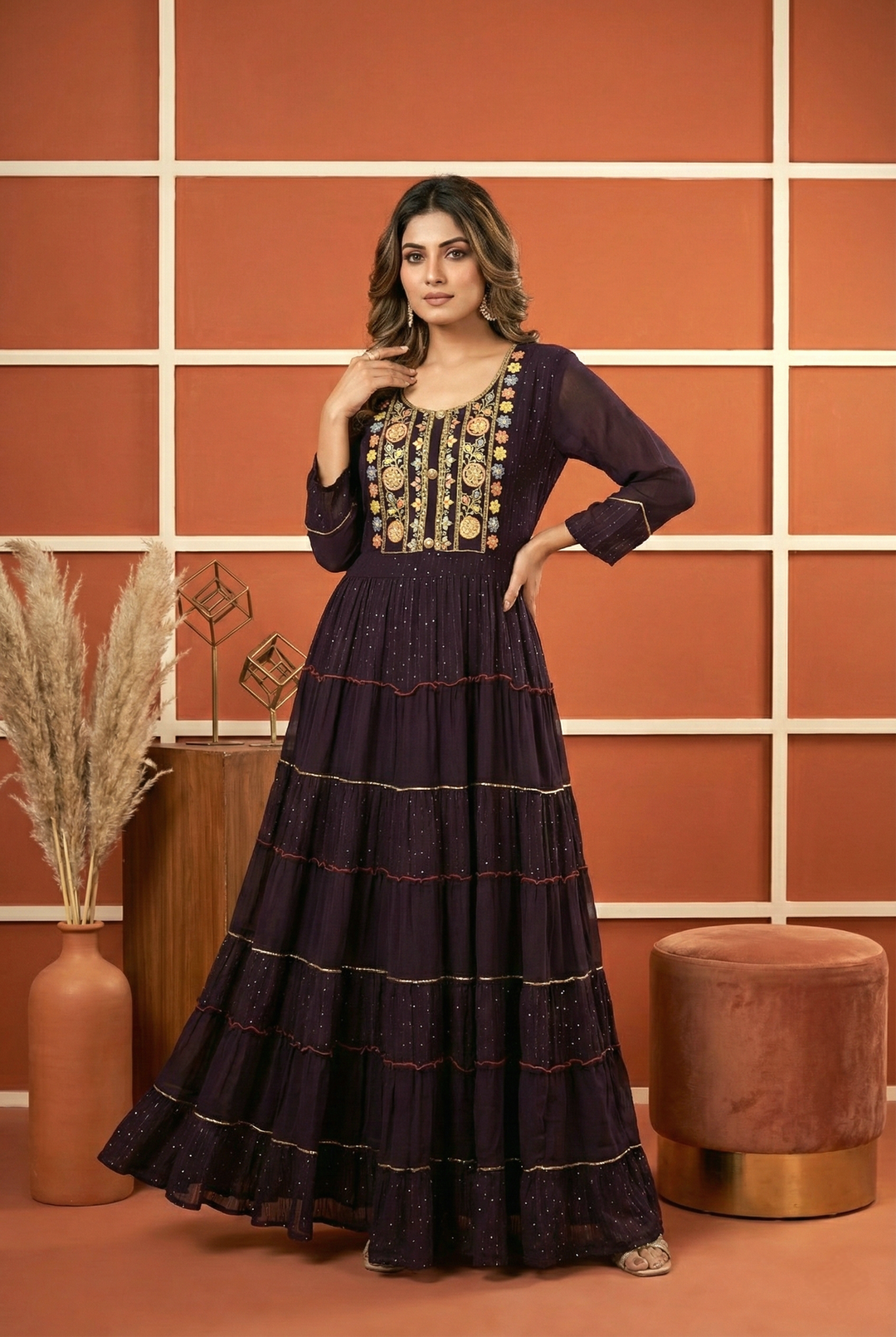 Neerus Maroon georgette hand embroidered maxi dress - front view