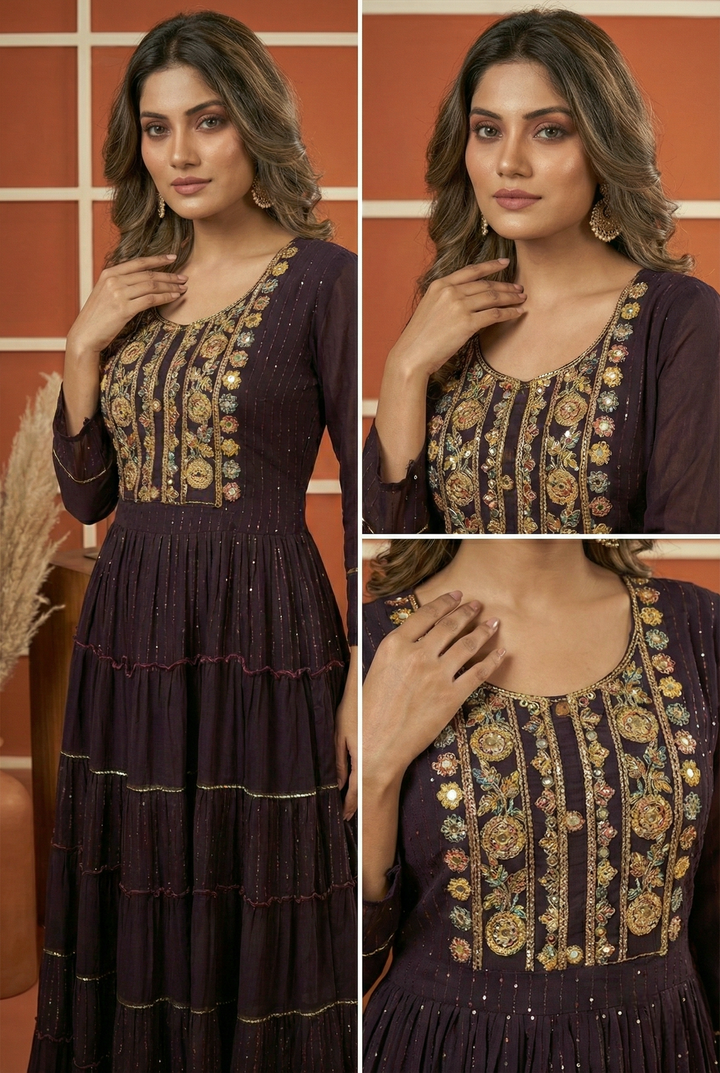 Neerus Maroon georgette hand embroidered maxi dress - back view