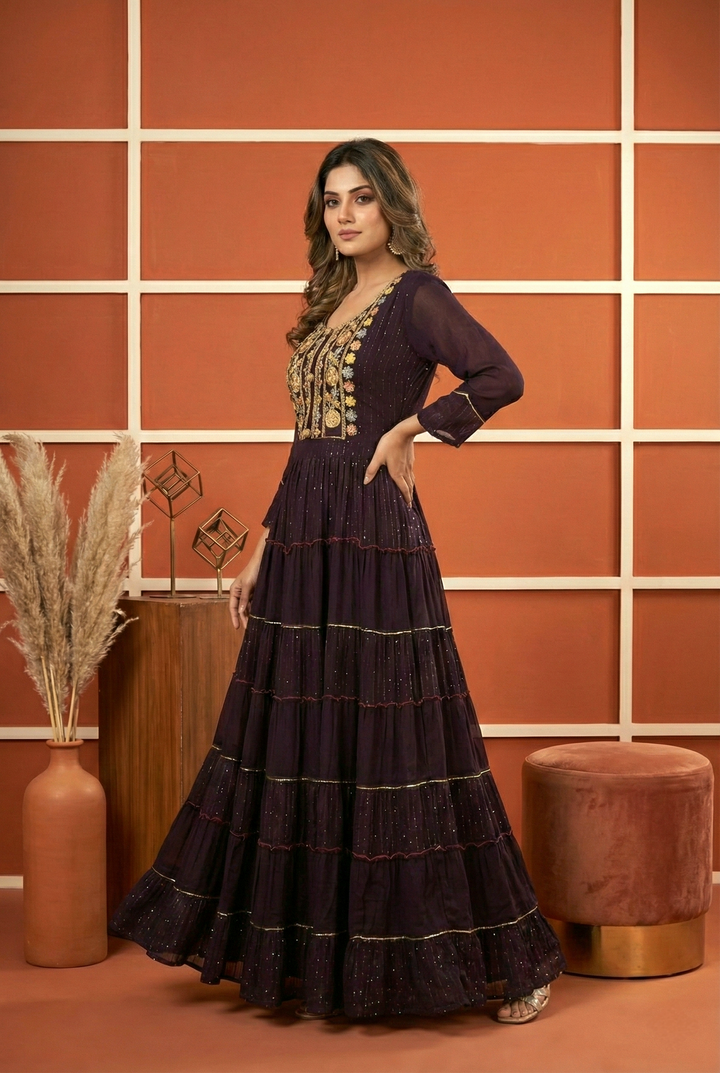 Neerus Maroon georgette hand embroidered maxi dress - side view