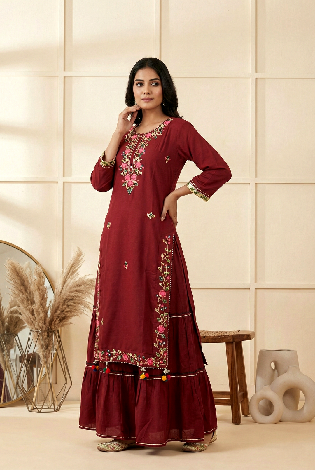 Neerus Maroon Georgette Thread Embroidered Dress - front view