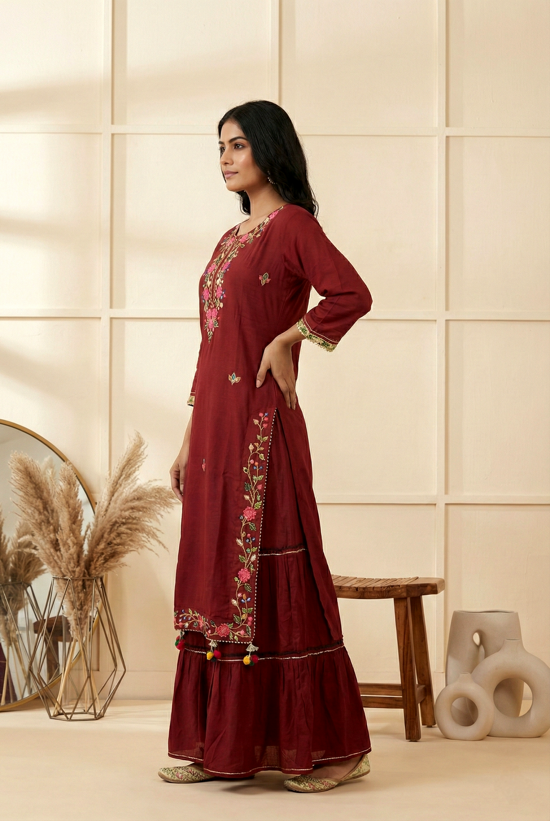 Neerus Maroon Georgette Thread Embroidered Dress - back view