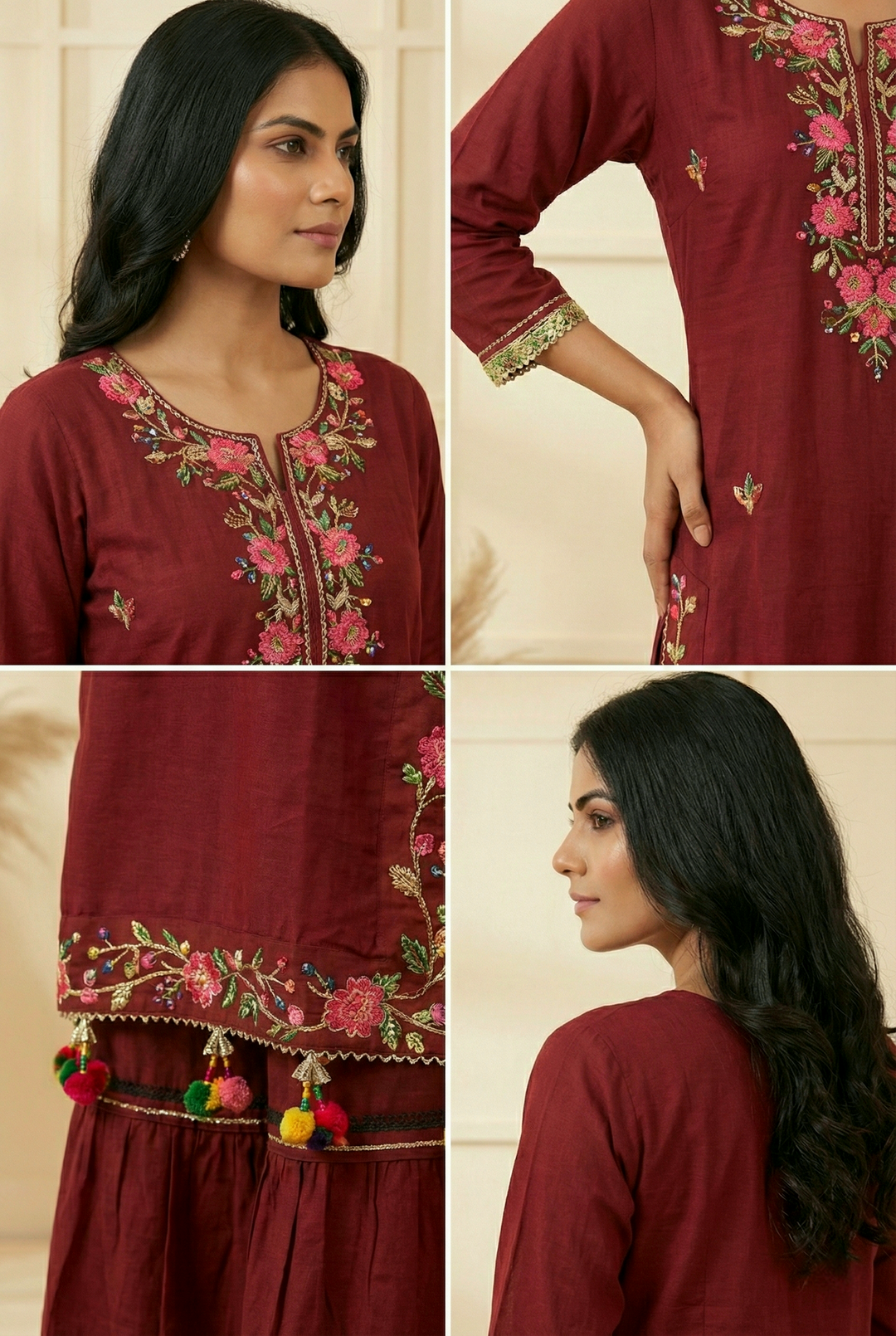 Neerus Maroon georgette mirror work dress - side view