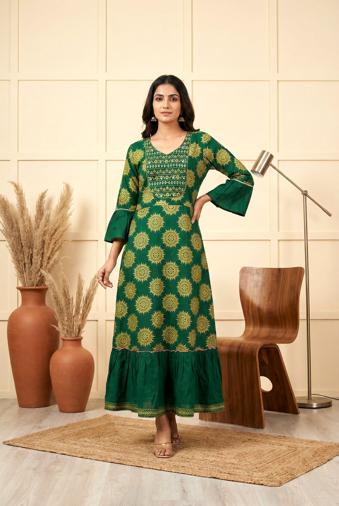 Neerus Green cotton printed dress - front view