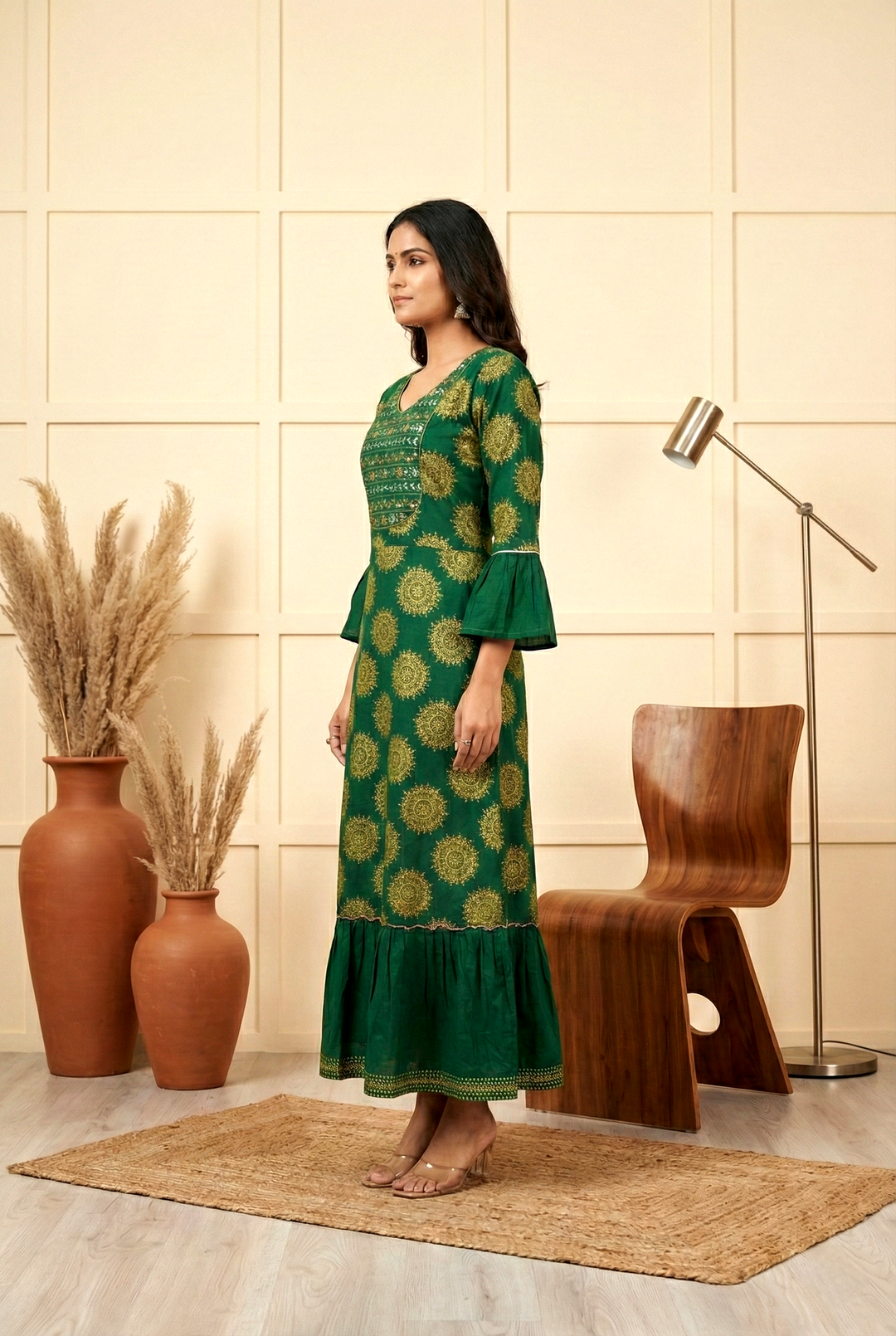 Neerus Green cotton printed dress - back view