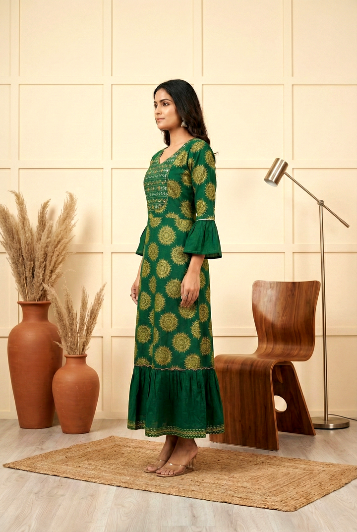 Neerus Green cotton printed dress - back view