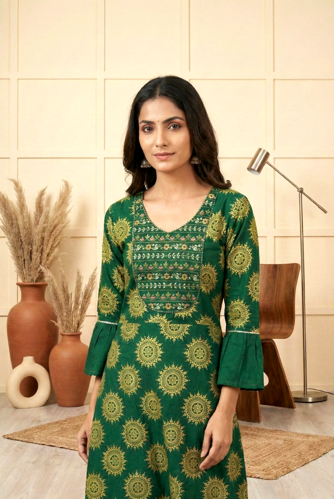 Neerus Green cotton printed dress - side view
