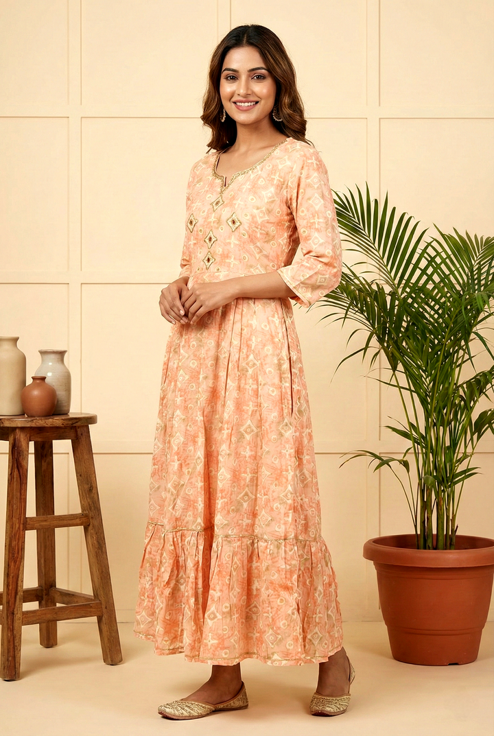 Neerus Orange rayon mirror work printed ethnic dress - front view