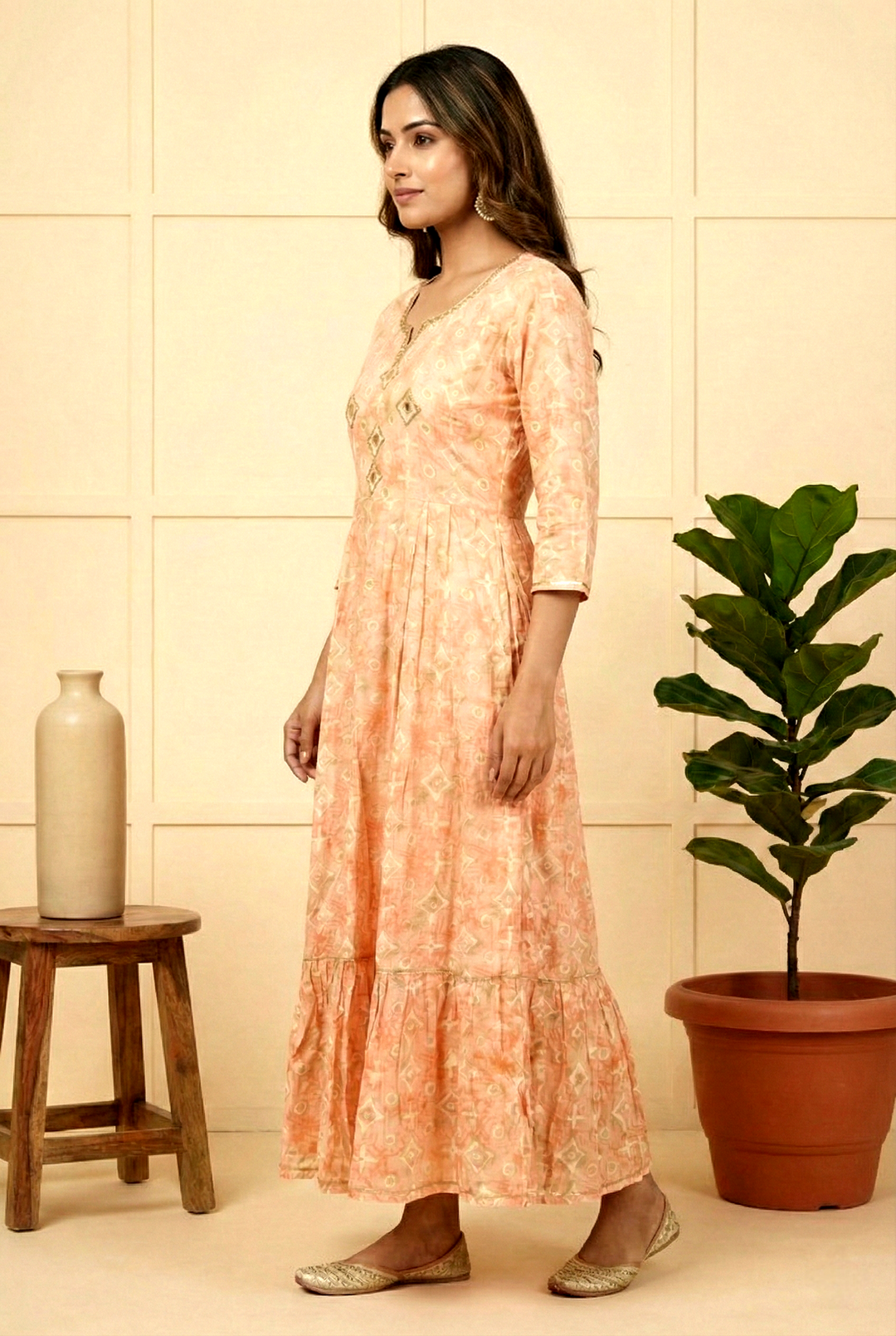 Neerus Orange rayon mirror work printed ethnic dress - back view