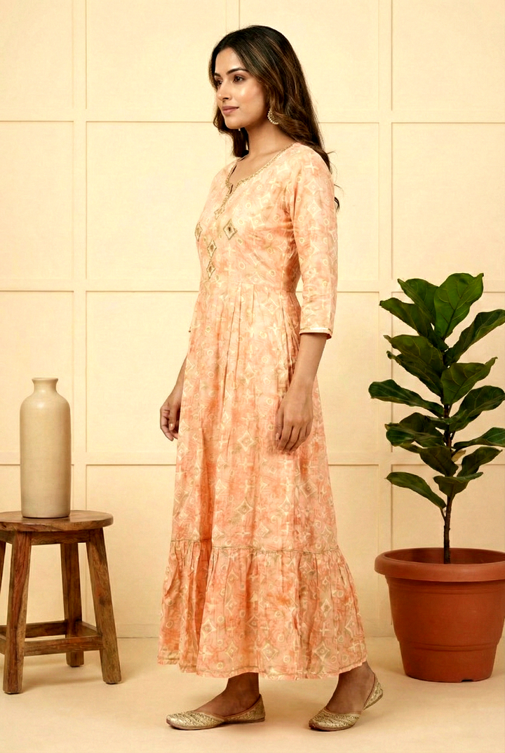 Neerus Orange rayon mirror work printed ethnic dress - back view
