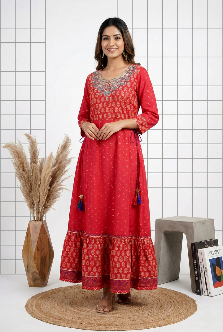 Neerus Pink muslin hand embroidered dress - front view