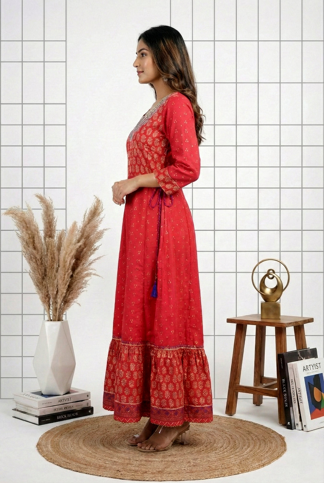 Neerus Pink muslin hand embroidered dress - back view