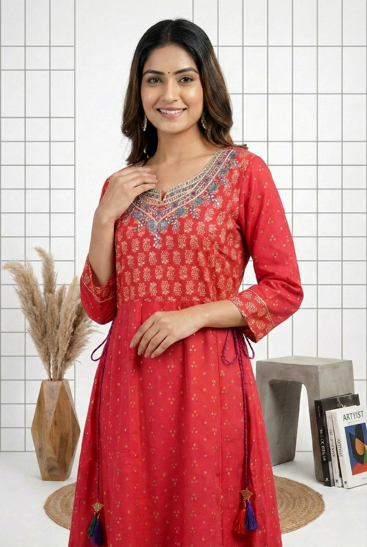 Neerus Pink muslin hand embroidered dress - side view