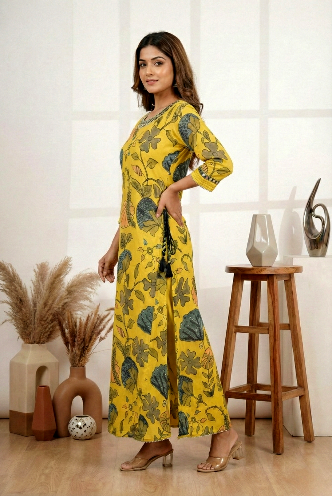 Neerus Yellow satin mirror work floral dress - back view