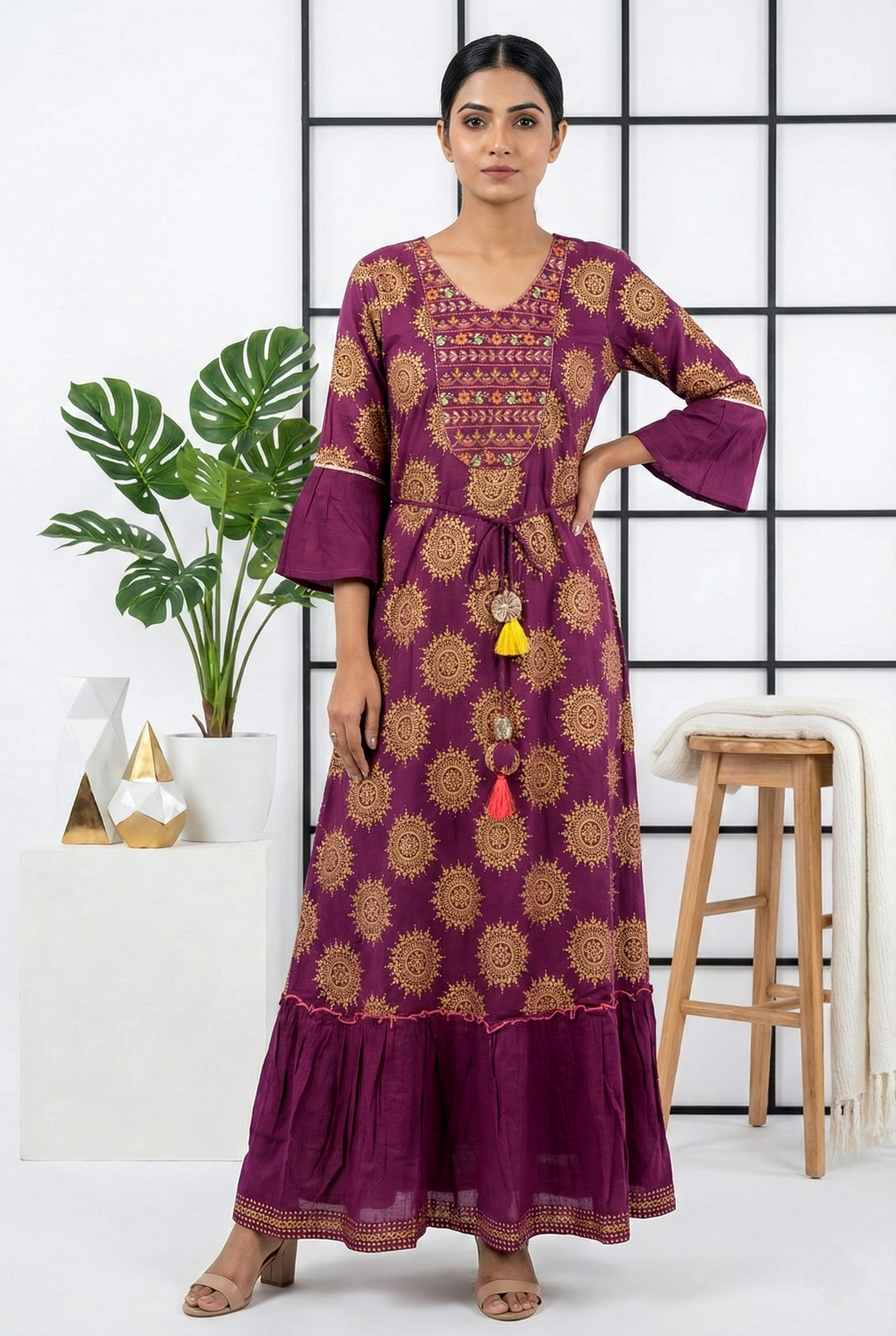 Neerus Maroon cotton printed dress - front view