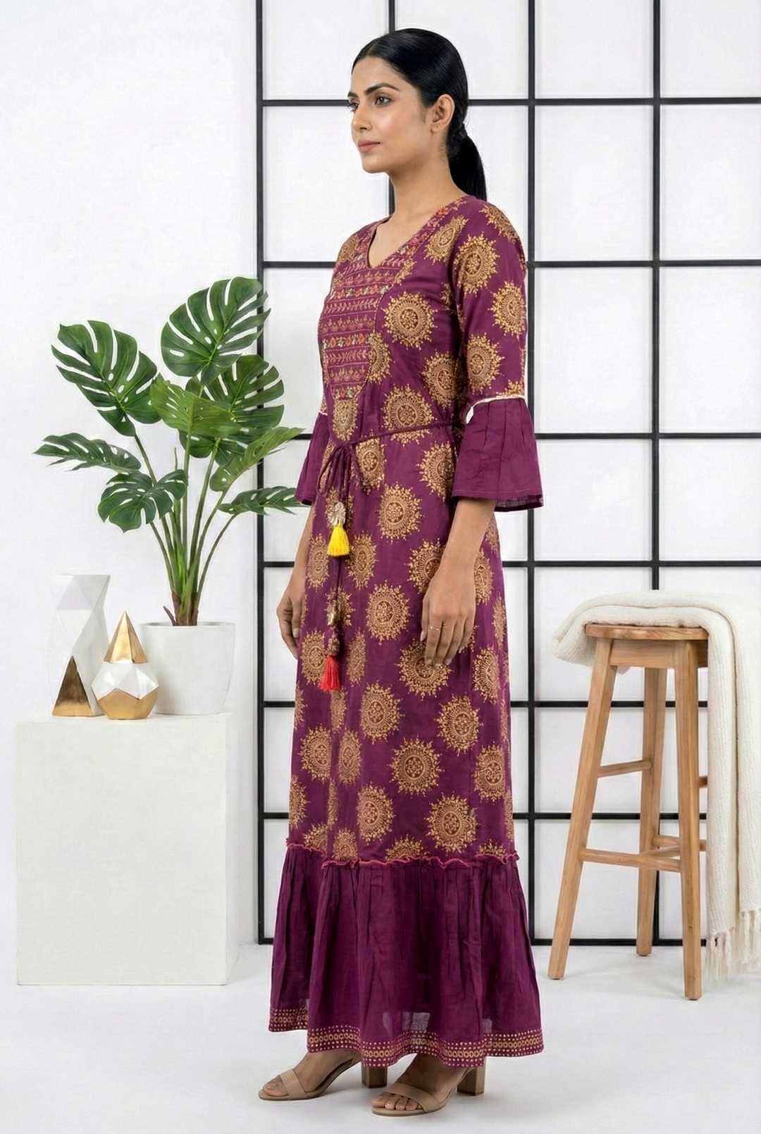 Neerus Maroon cotton printed dress - back view