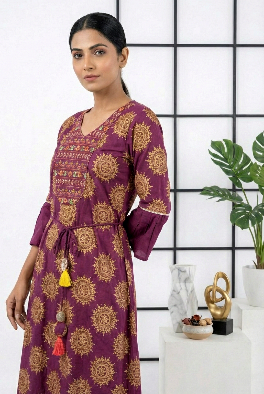 Neerus Maroon cotton printed dress - side view
