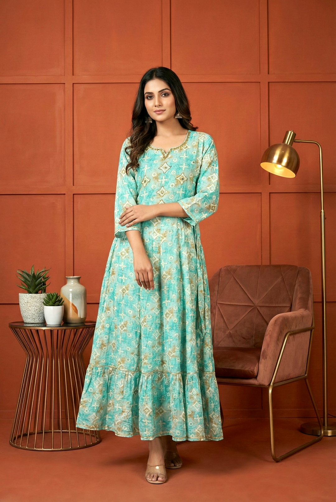 Neerus Green rayon mirror work ethnic dress - front view