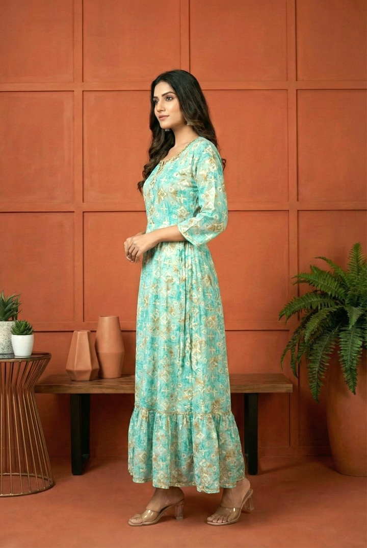 Neerus Green rayon mirror work ethnic dress - back view