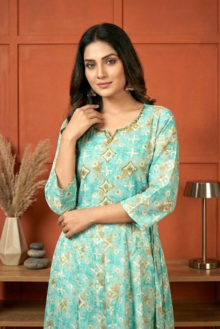 Neerus Green rayon mirror work ethnic dress - side view