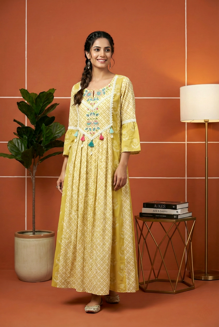 Neerus Green muslin hand embroidered dress - front view