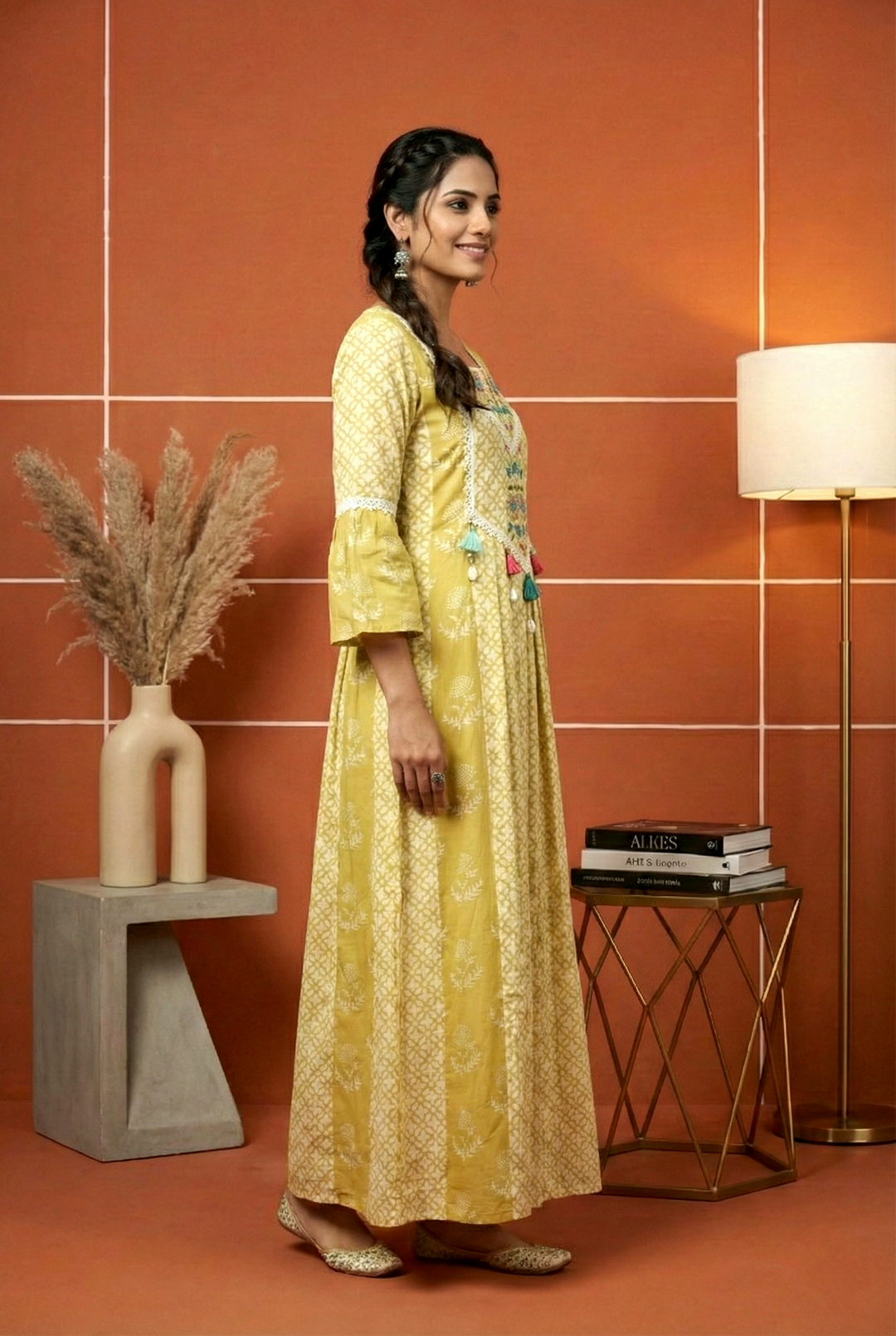 Neerus Green muslin hand embroidered dress - back view