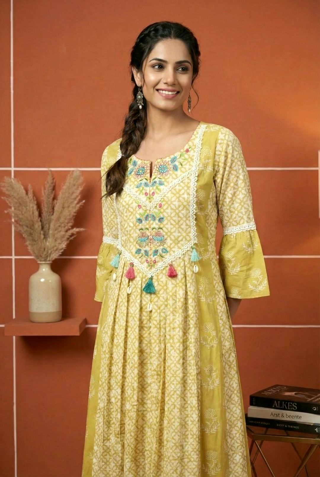 Neerus Green muslin hand embroidered dress - side view