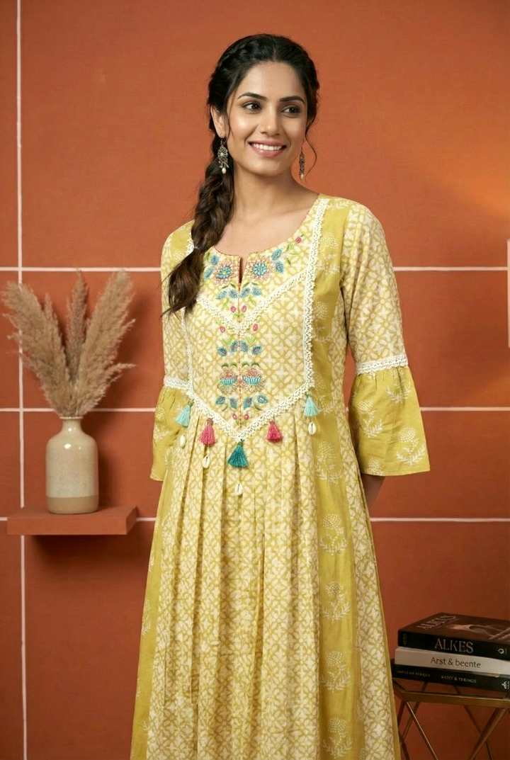 Neerus Green muslin hand embroidered dress - side view
