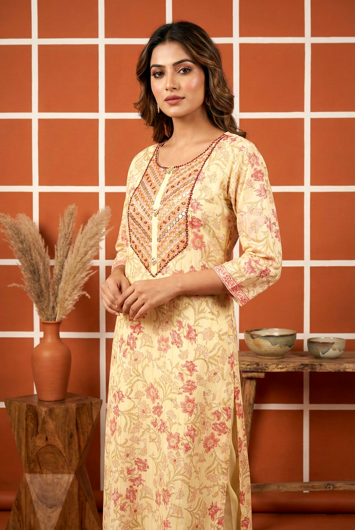 Neerus White Muslin Hand Embroidered Kurta - front view