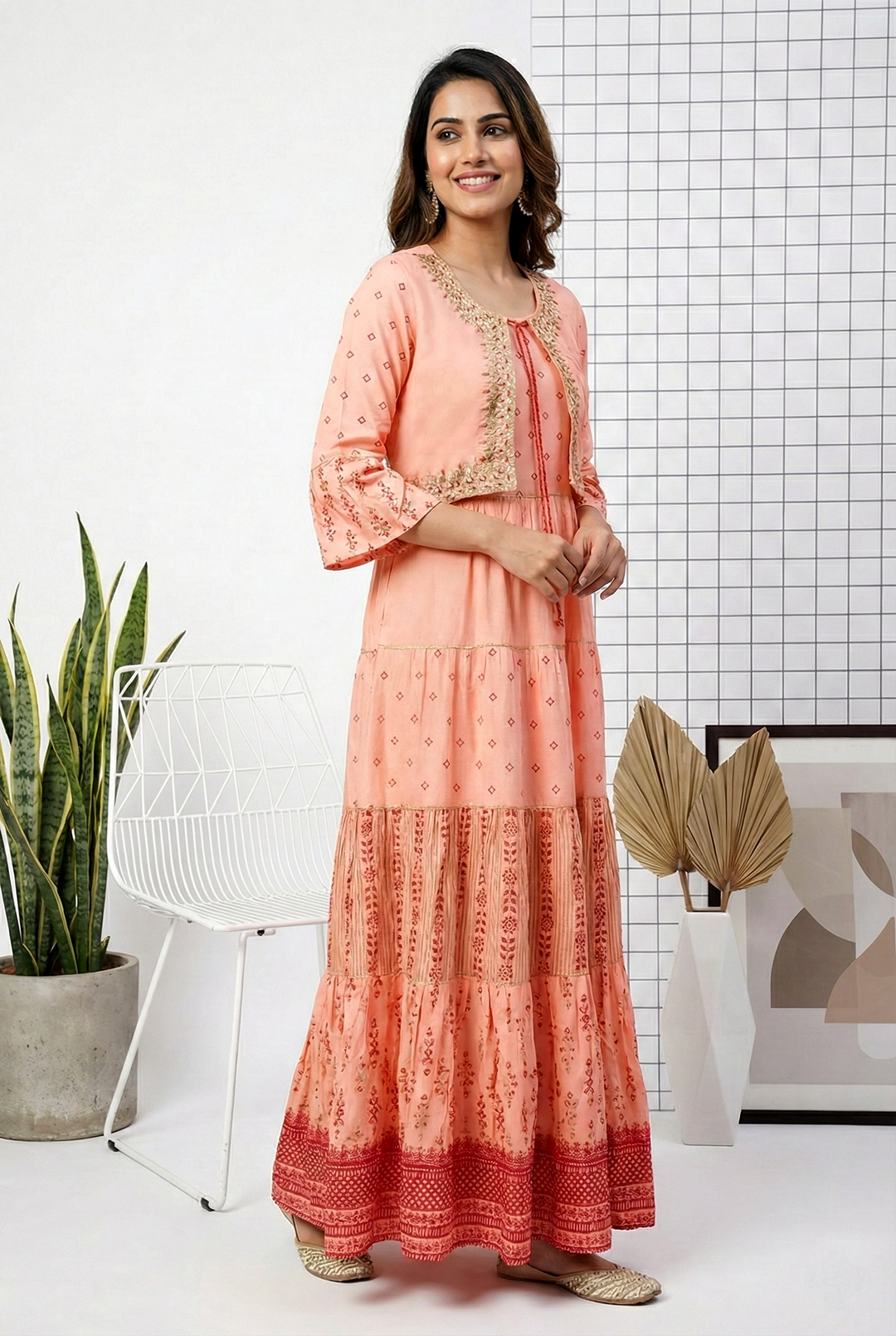 Neerus Orange georgette hand embroidered dress - front view