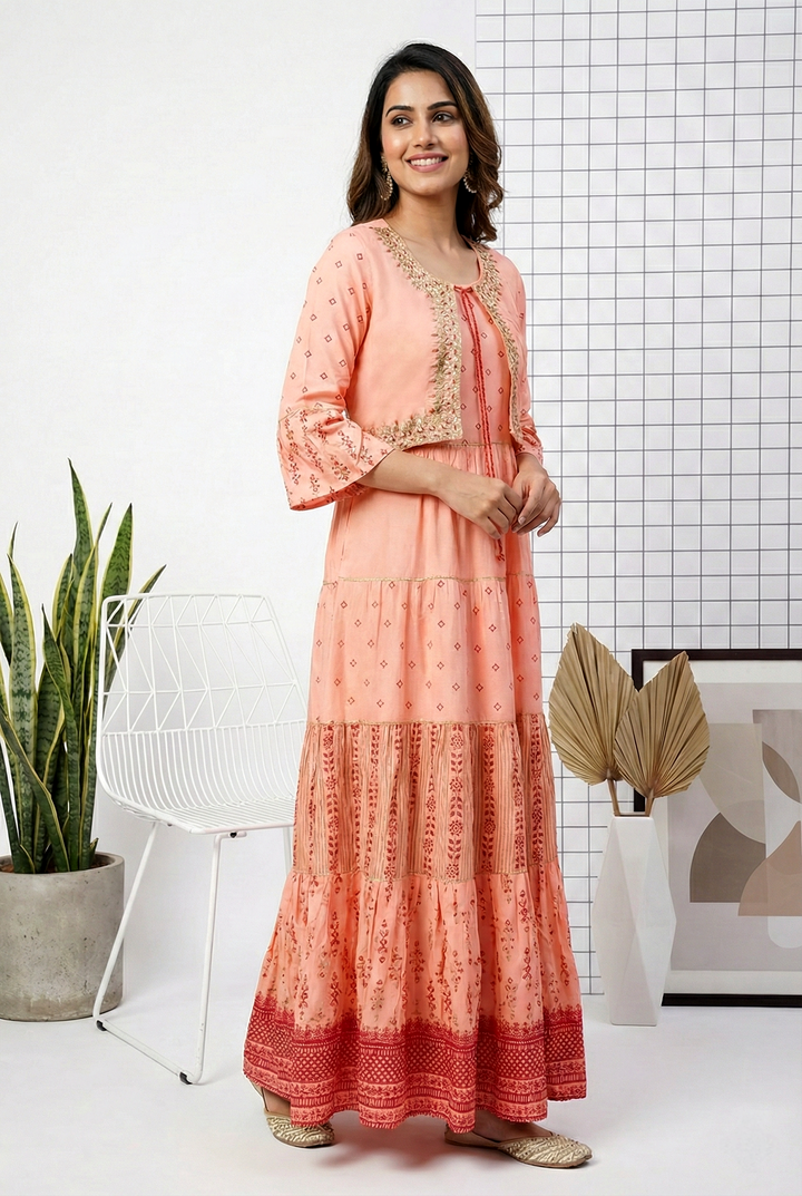 Neerus Orange georgette hand embroidered dress - front view