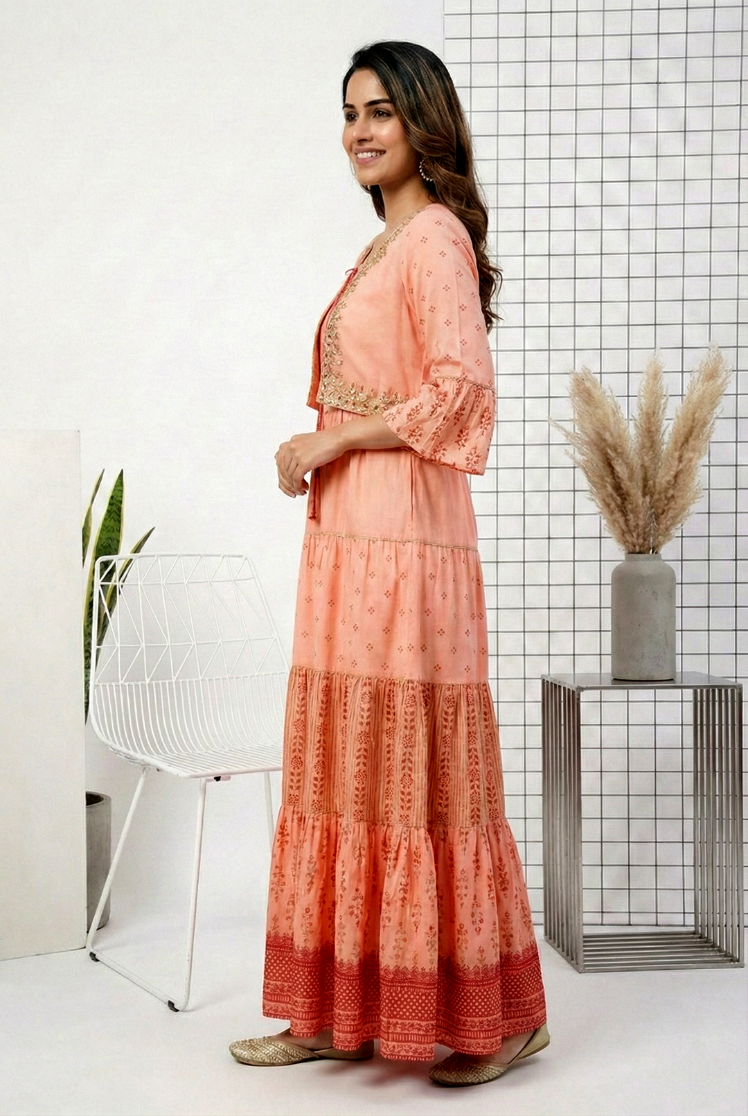 Neerus Orange georgette hand embroidered dress - back view