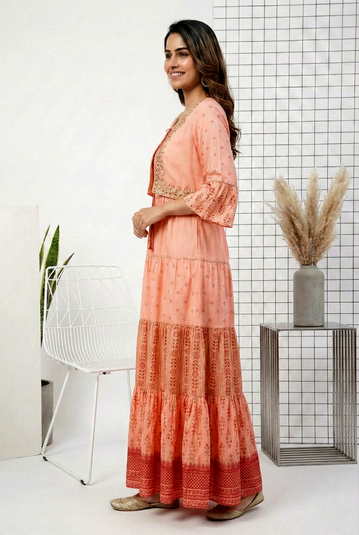 Neerus Orange georgette hand embroidered dress - back view
