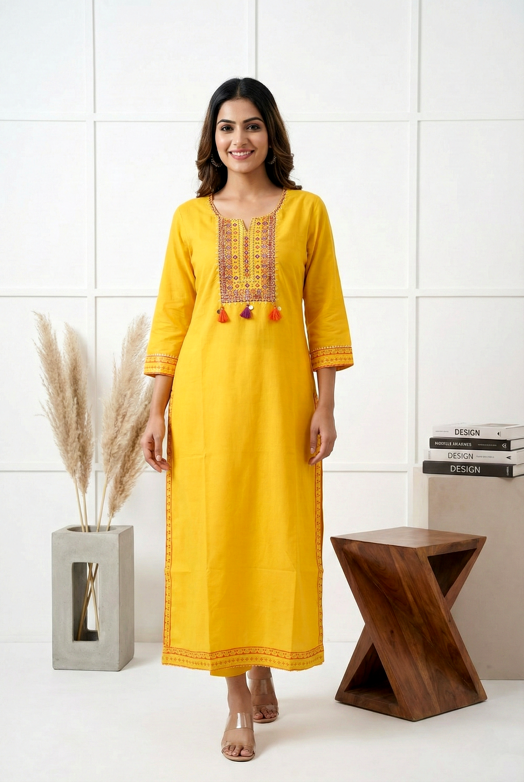 Neerus Yellow muslin hand embroidered kurta - front view