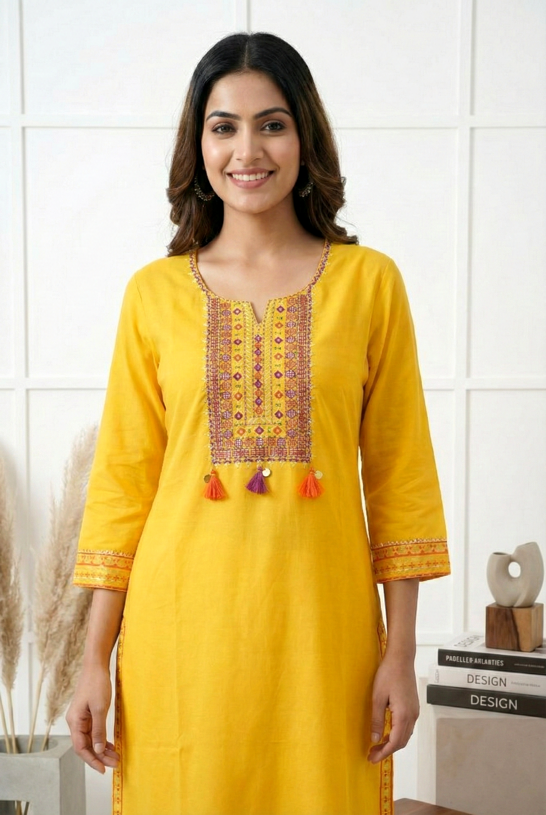 Neerus Yellow muslin hand embroidered kurta - side view