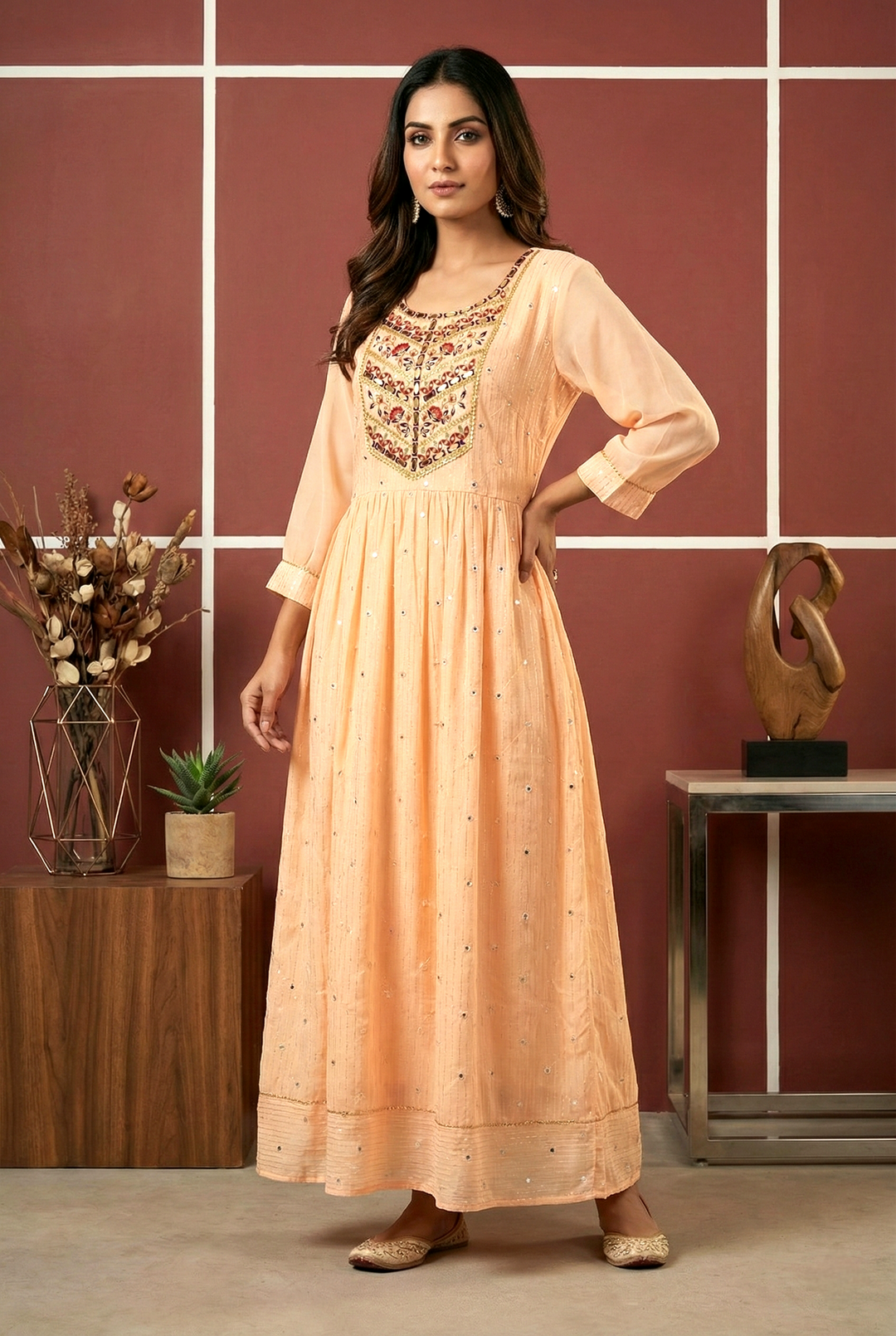 Neerus Orange georgette hand embroidered maxi dress - front view