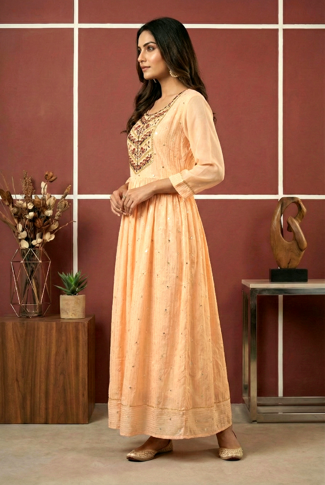 Neerus Orange georgette hand embroidered maxi dress - back view