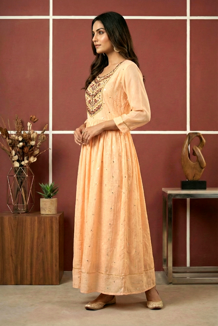 Neerus Orange georgette hand embroidered maxi dress - back view
